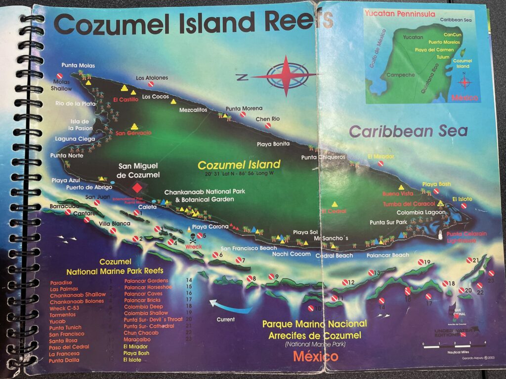 A map of the scuba diving sites in Cozumel